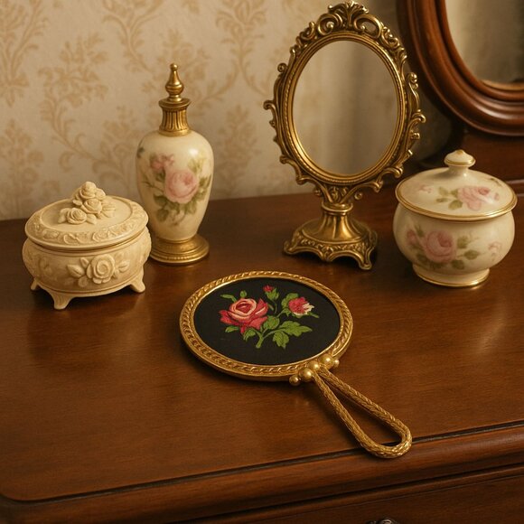 Antique Gold Hand Mirror Small Embroidered Rose Design Early 1900s Heirloom Vani - Picture 2 of 10